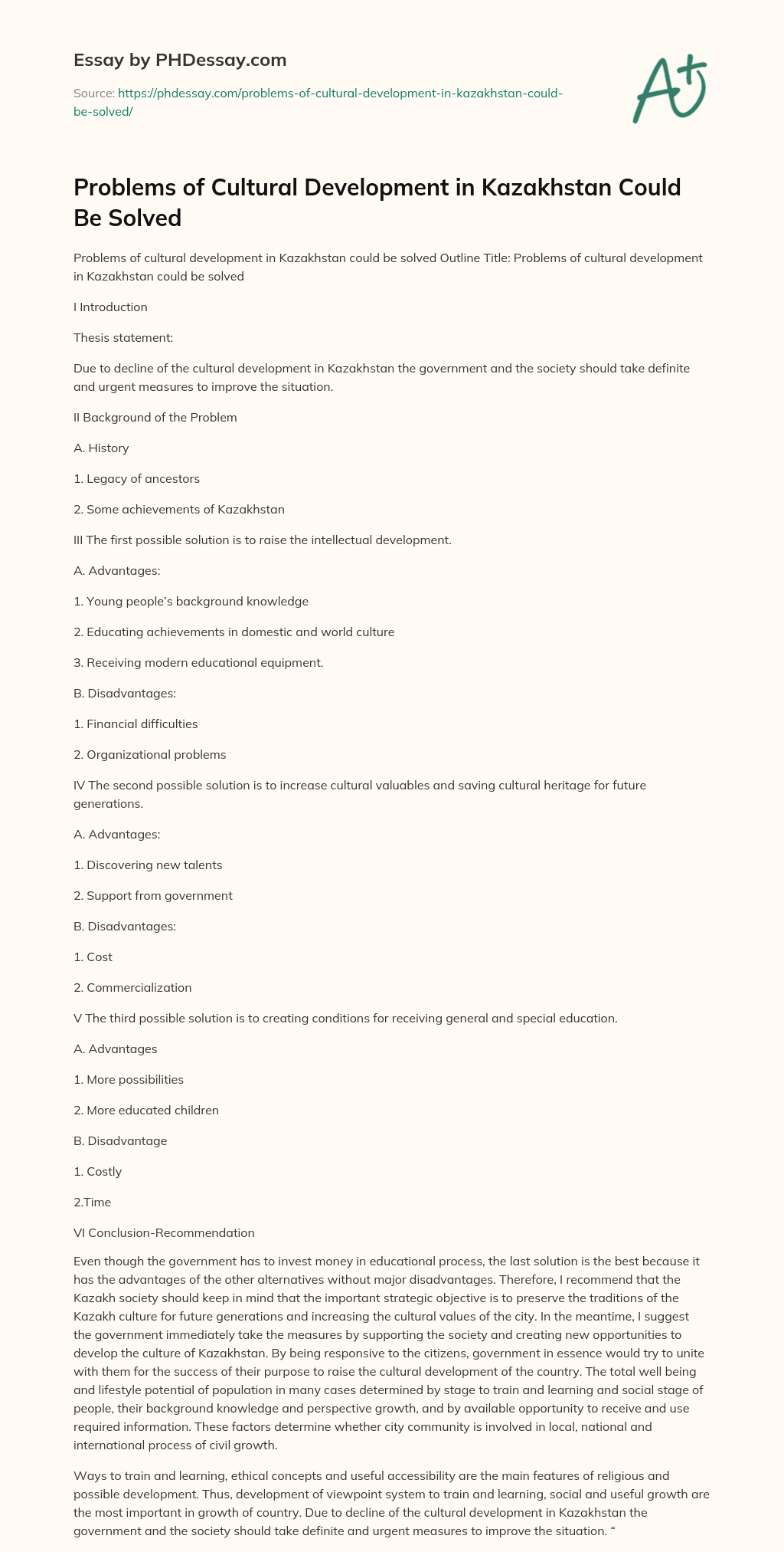 Problems of Cultural Development in Kazakhstan Could Be Solved essay
