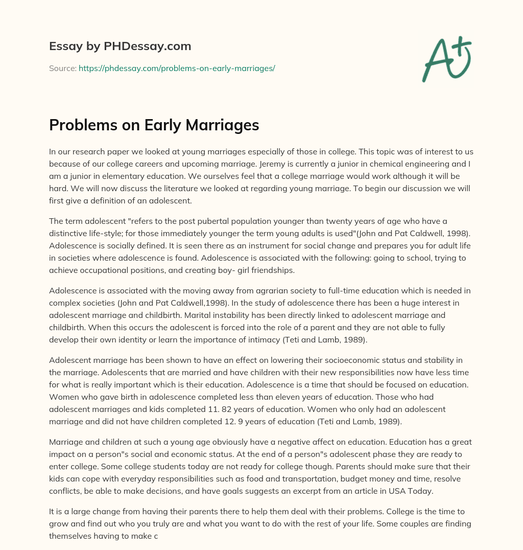 Problems on Early Marriages essay