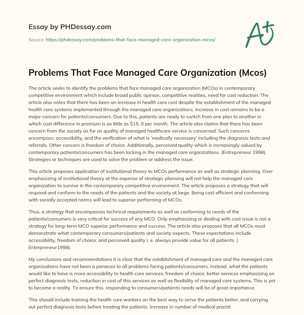 Problems That Face Managed Care Organization (Mcos) essay