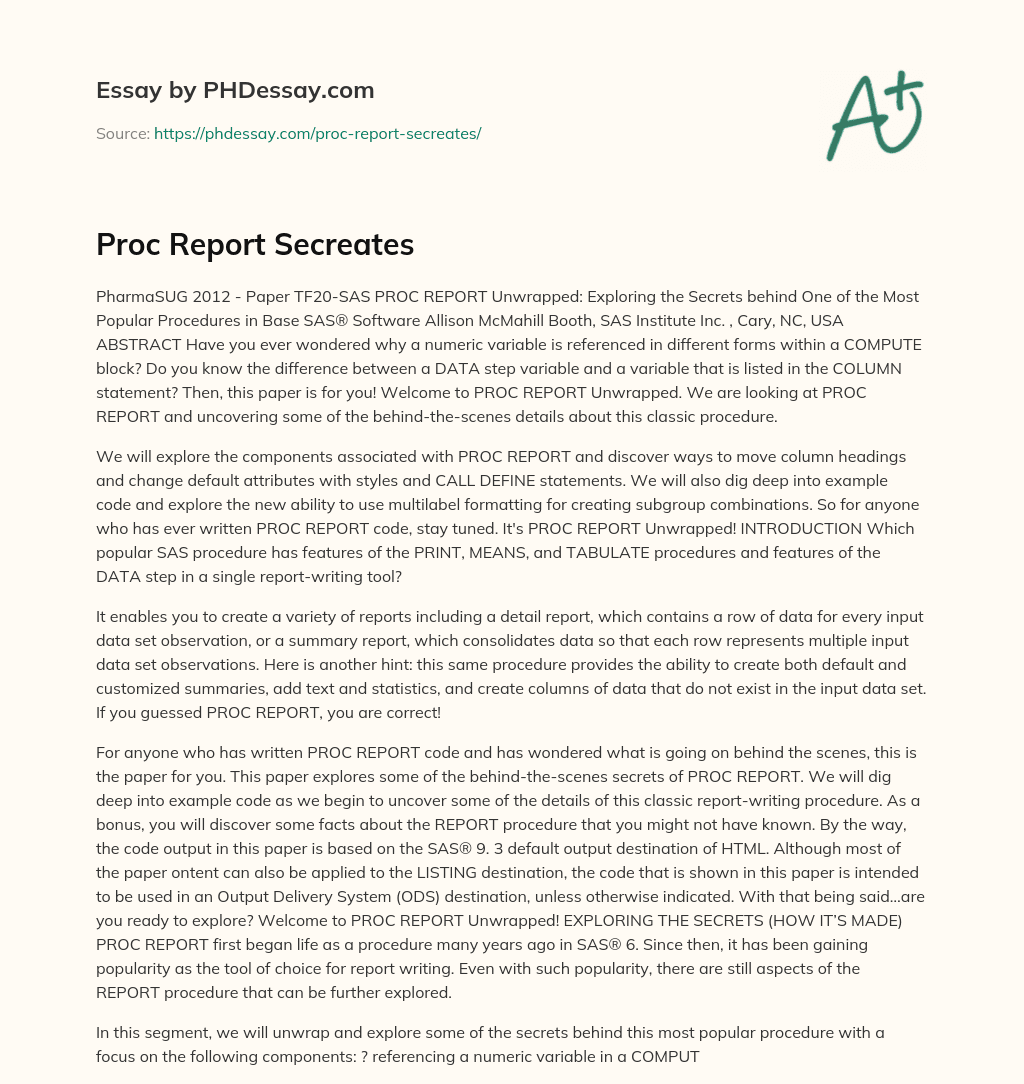 Proc Report Secreates essay
