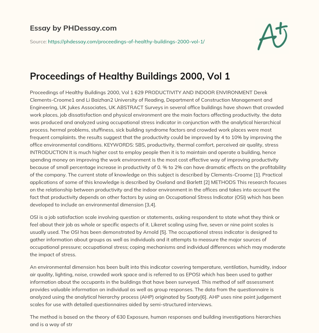 Proceedings of Healthy Buildings 2000, Vol 1 essay