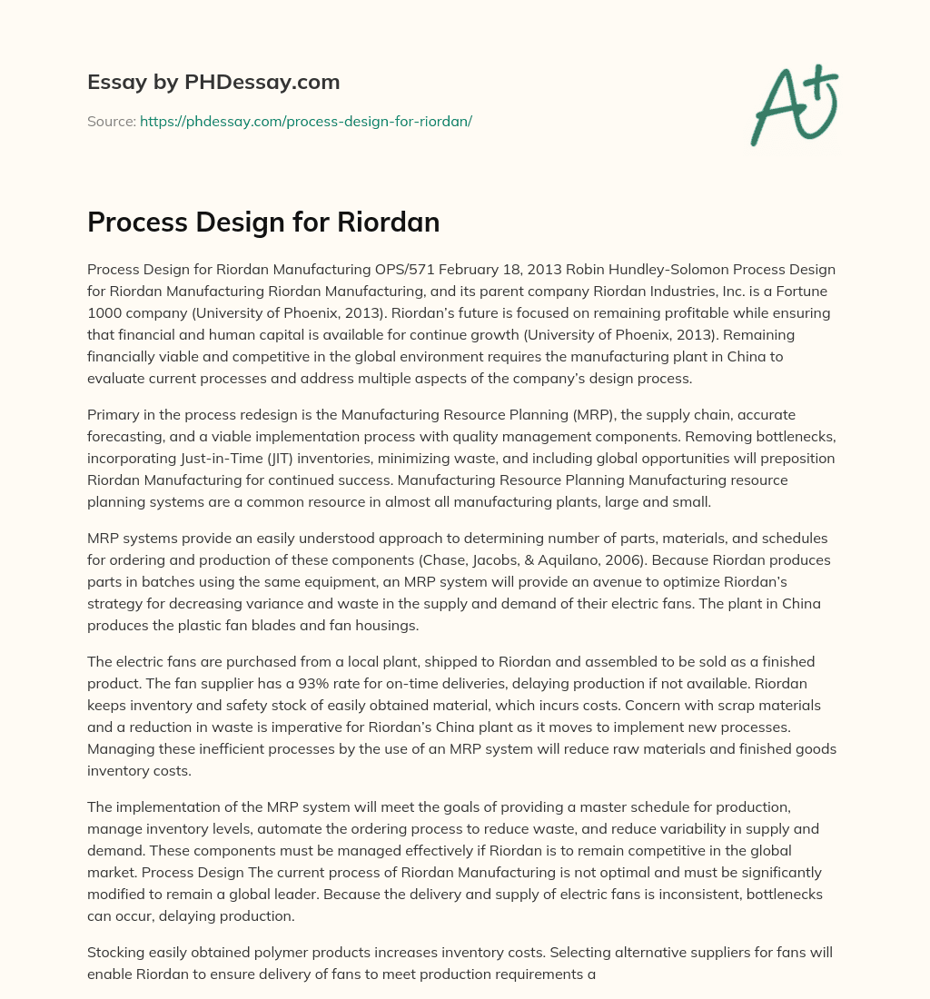 Process Design for Riordan essay