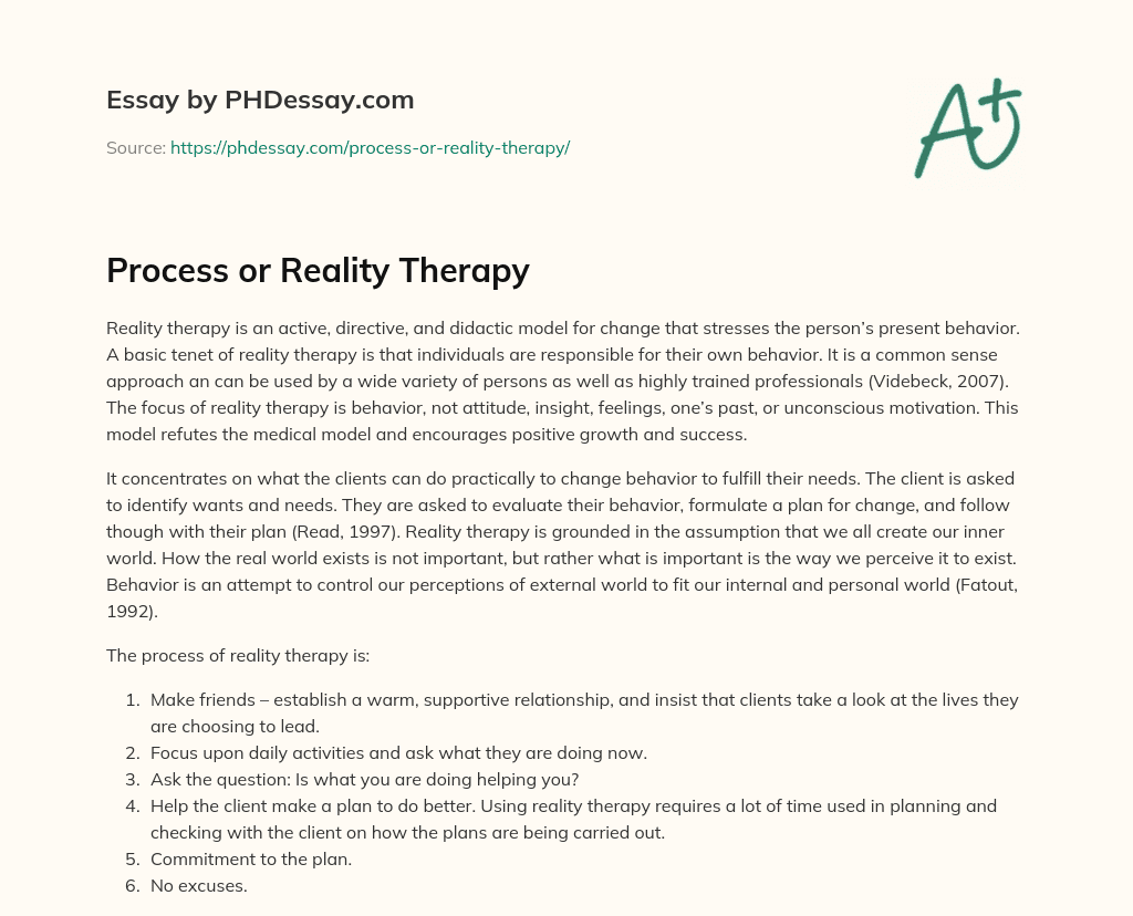 Process or Reality Therapy (300 Words)