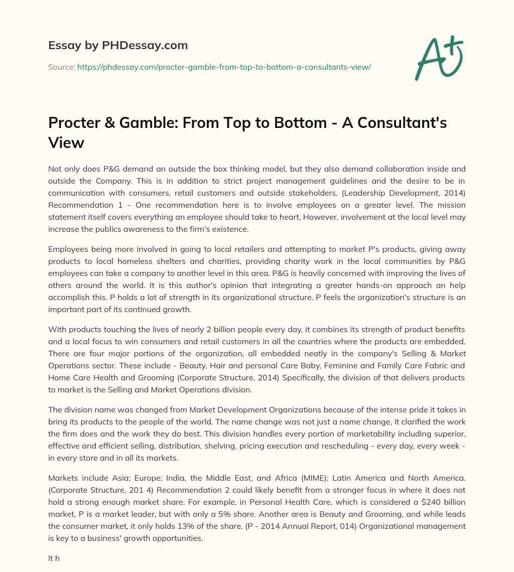 Procter & Gamble: From Top to Bottom – A Consultant’s View essay