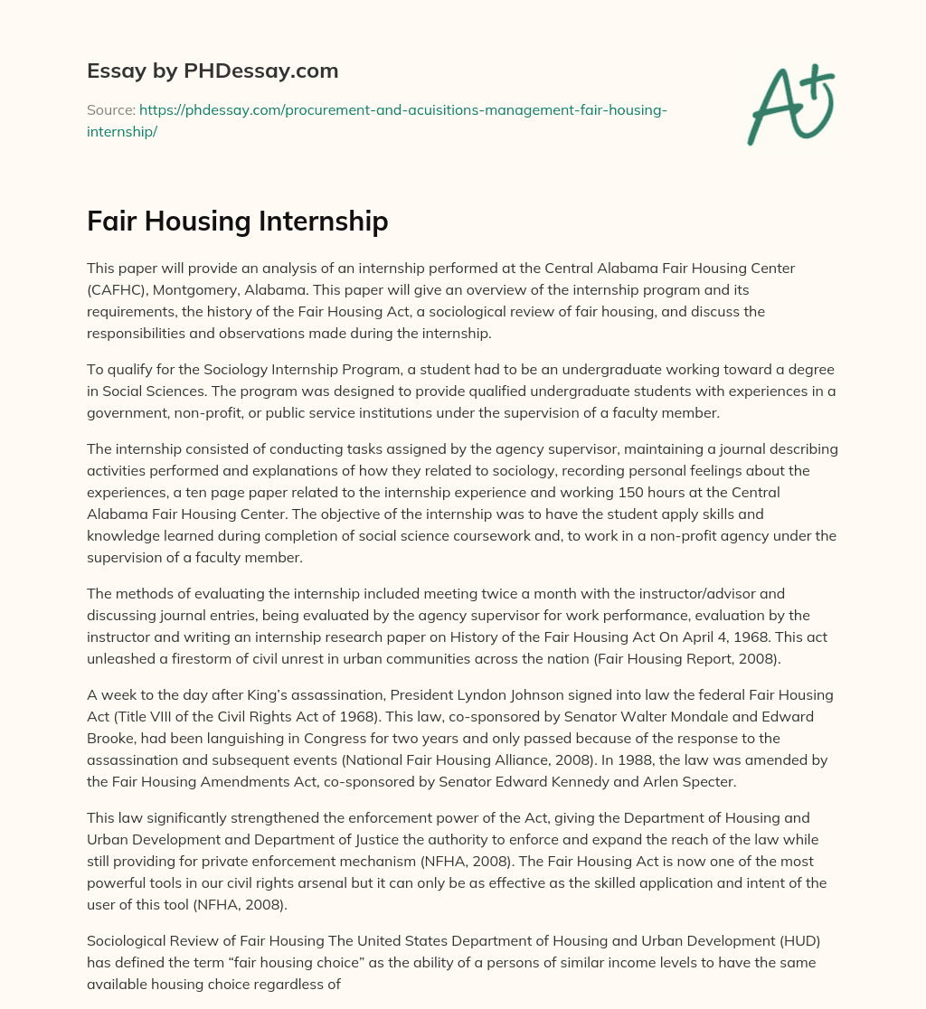 Fair Housing Internship essay