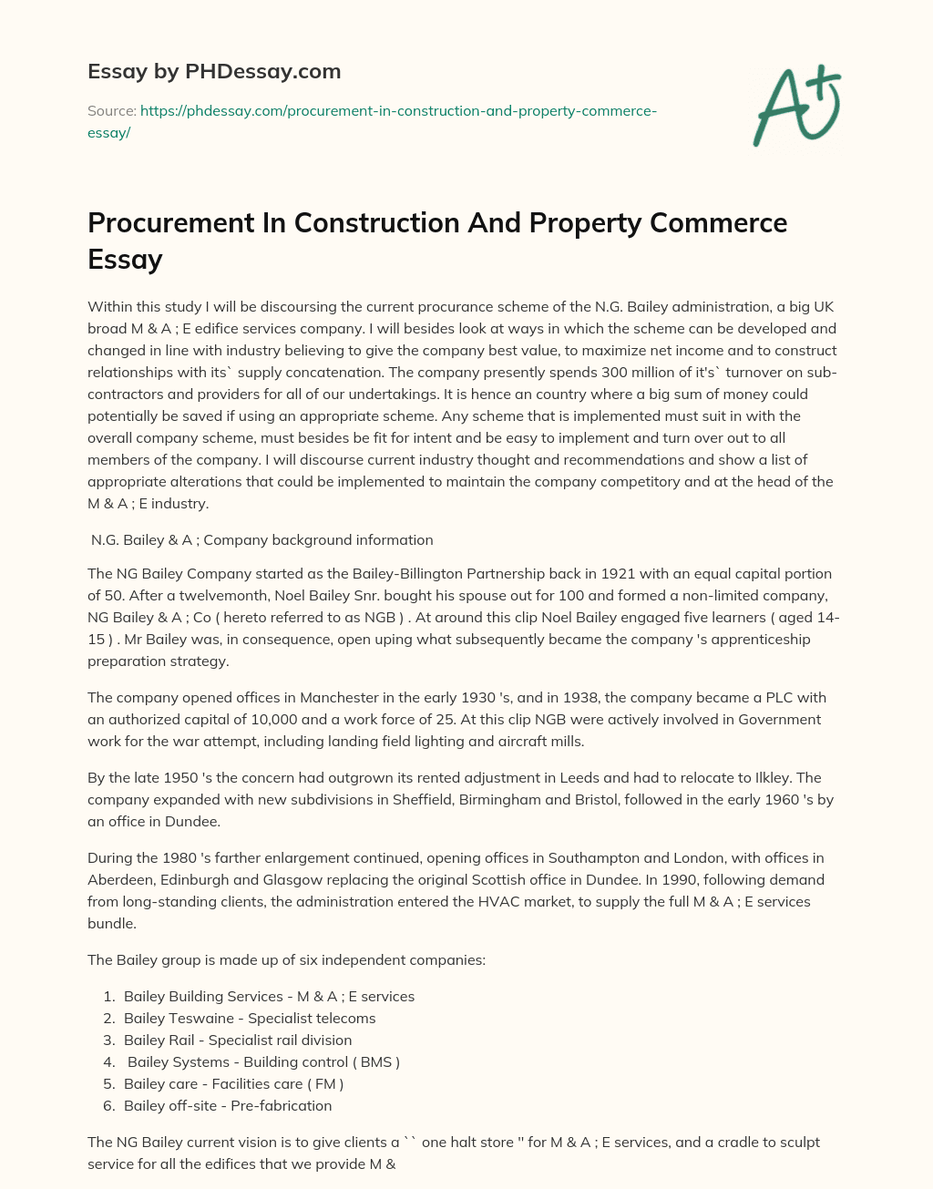 Procurement In Construction And Property Commerce Essay essay