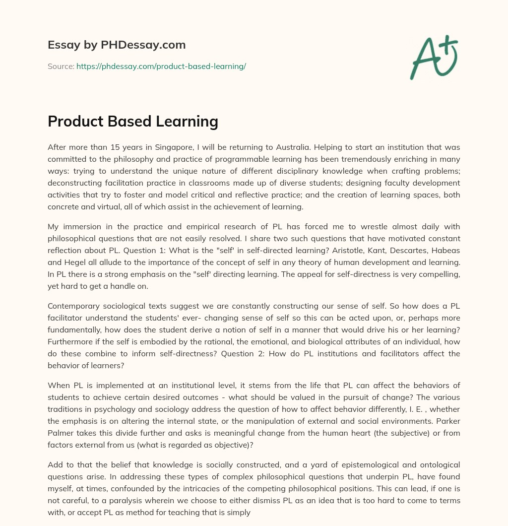 Product Based Learning essay