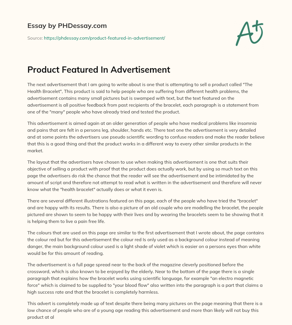 Product Featured In Advertisement essay