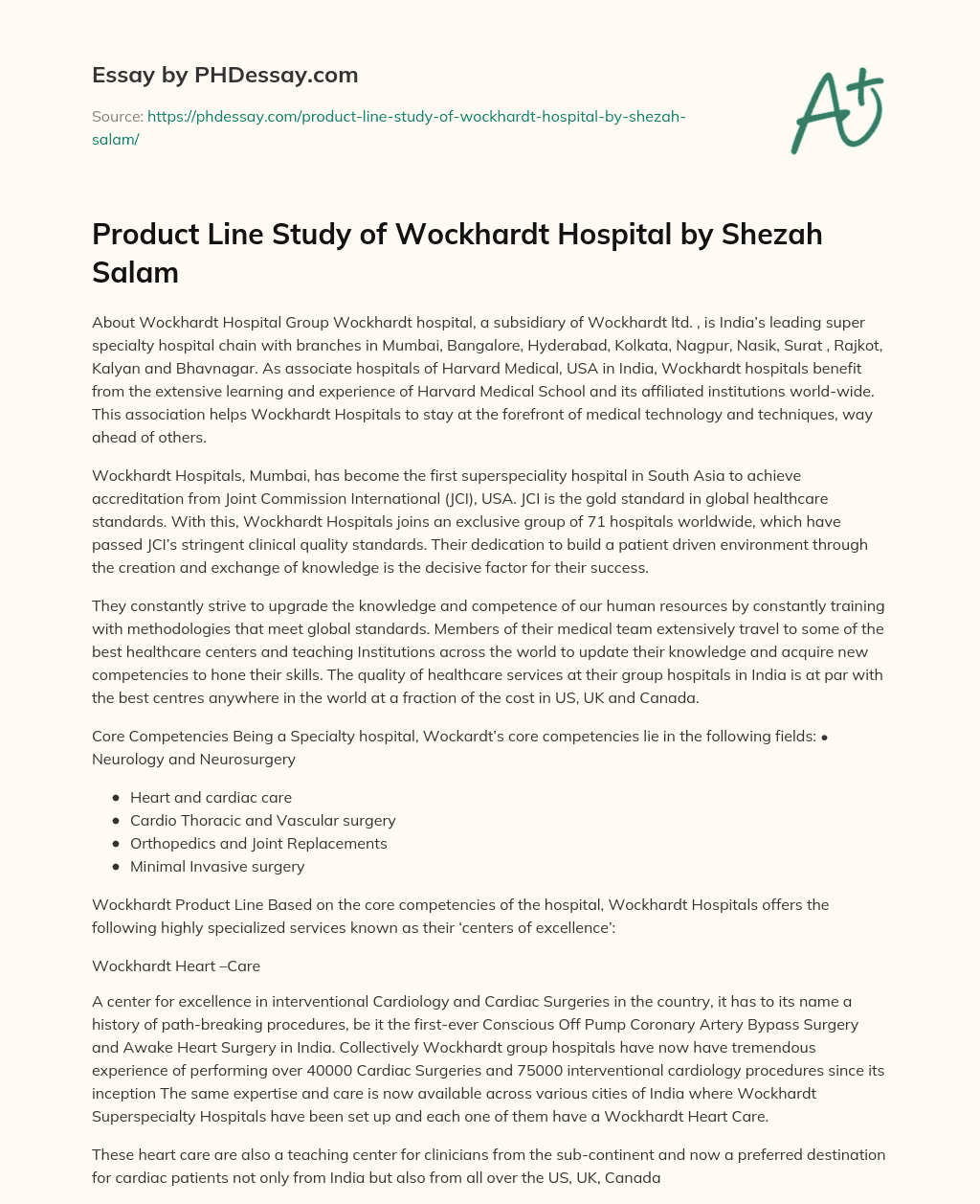Product Line Study of Wockhardt Hospital by Shezah Salam essay