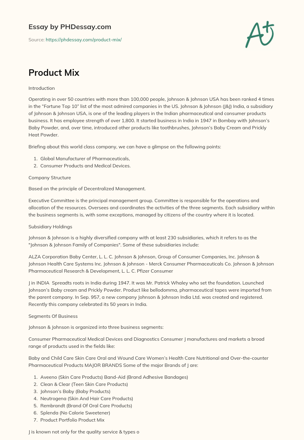 Johnson & Johnson: A Global Company with Decentralized Management and Diverse Subsidiaries essay