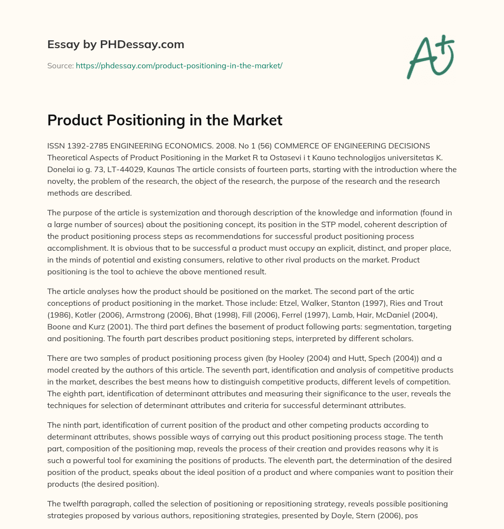 Product Positioning in the Market essay