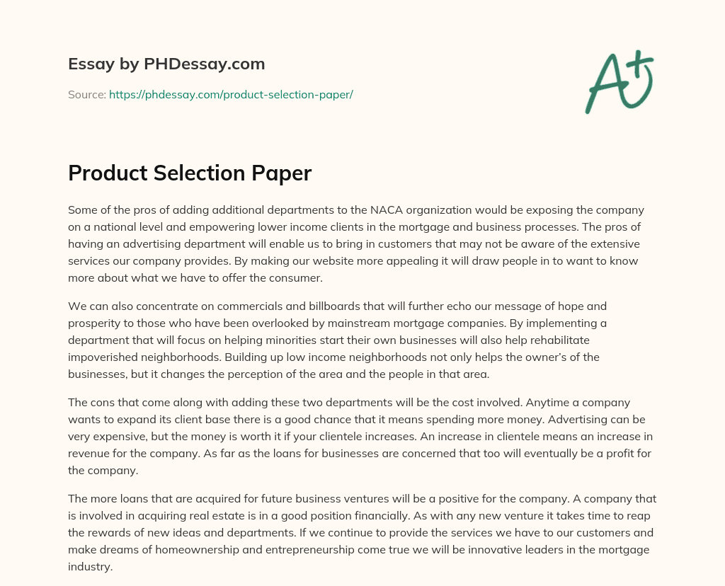 Product Selection Paper essay