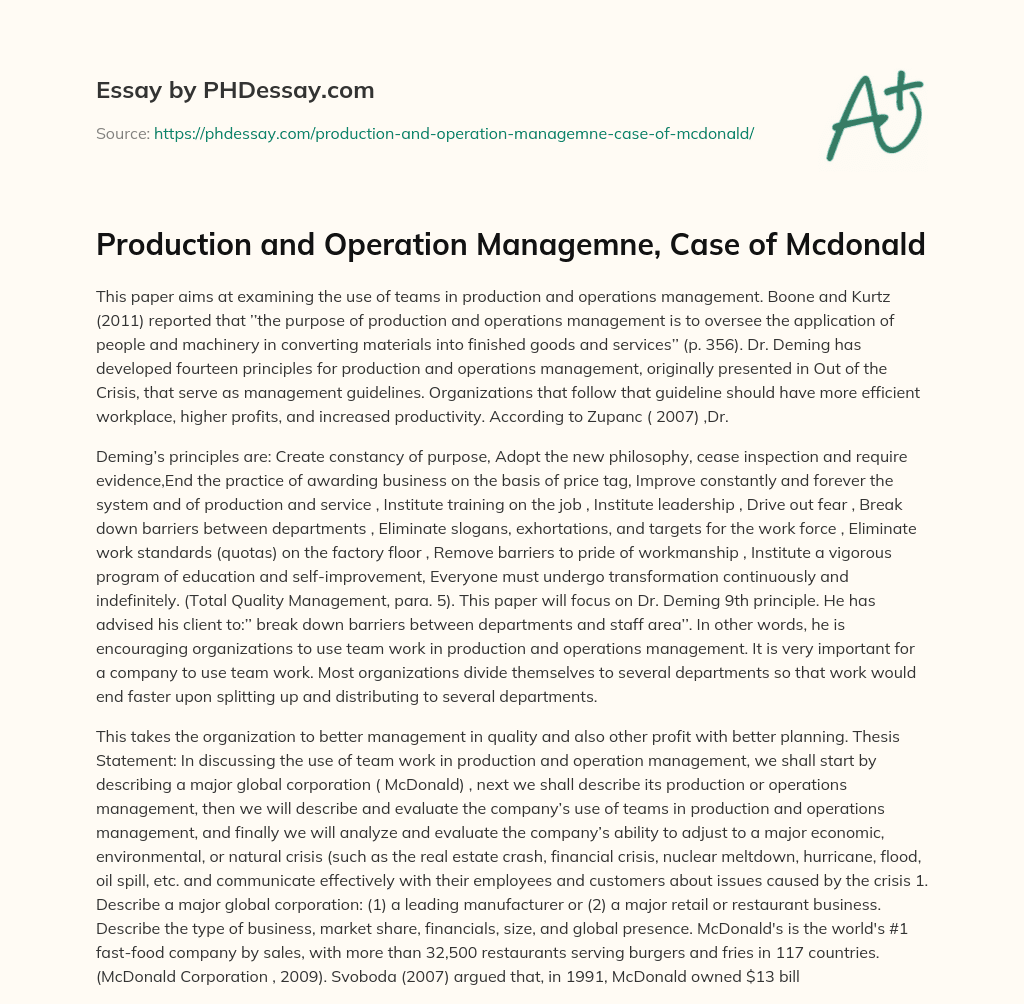 Production and Operation Managemne, Case of Mcdonald essay