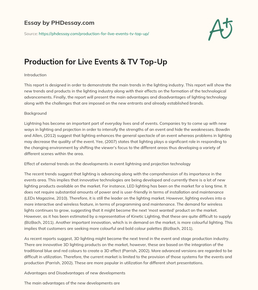 Production for Live Events & TV Top-Up essay