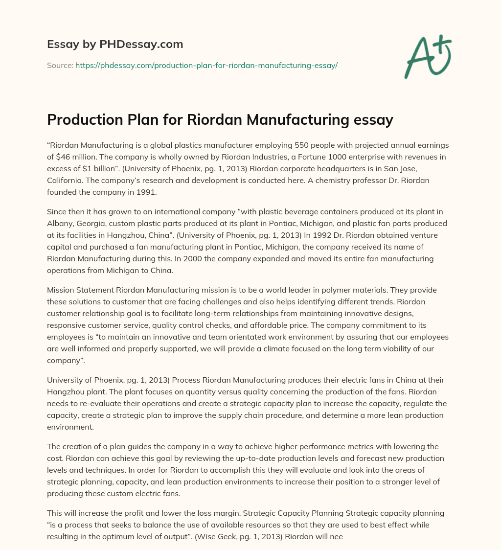 Production Plan for Riordan Manufacturing essay essay