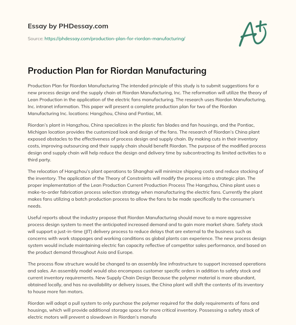 Production Plan for Riordan Manufacturing essay