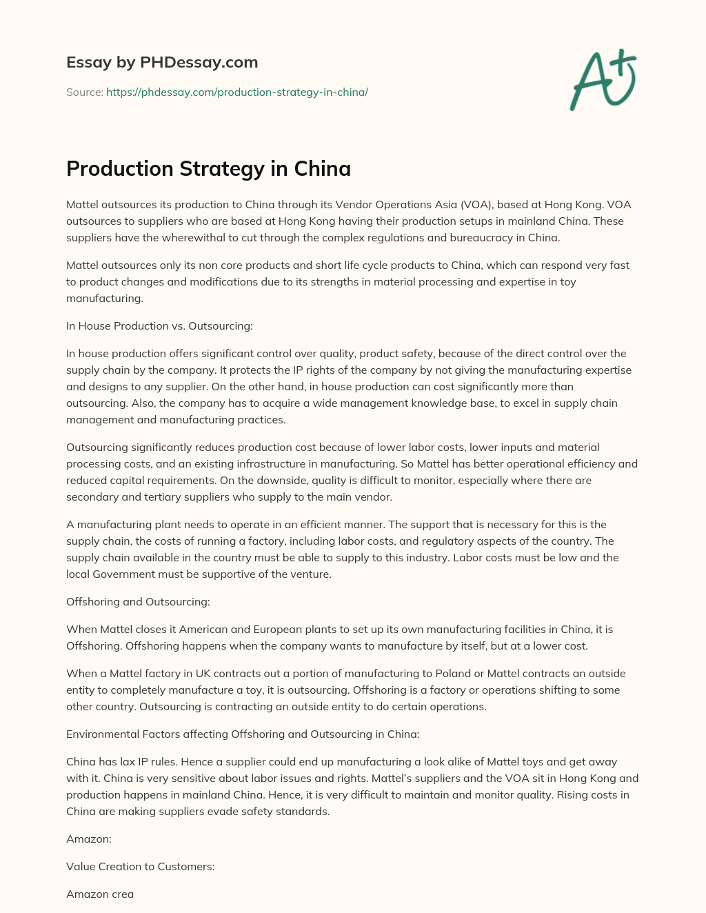 Production Strategy in China essay