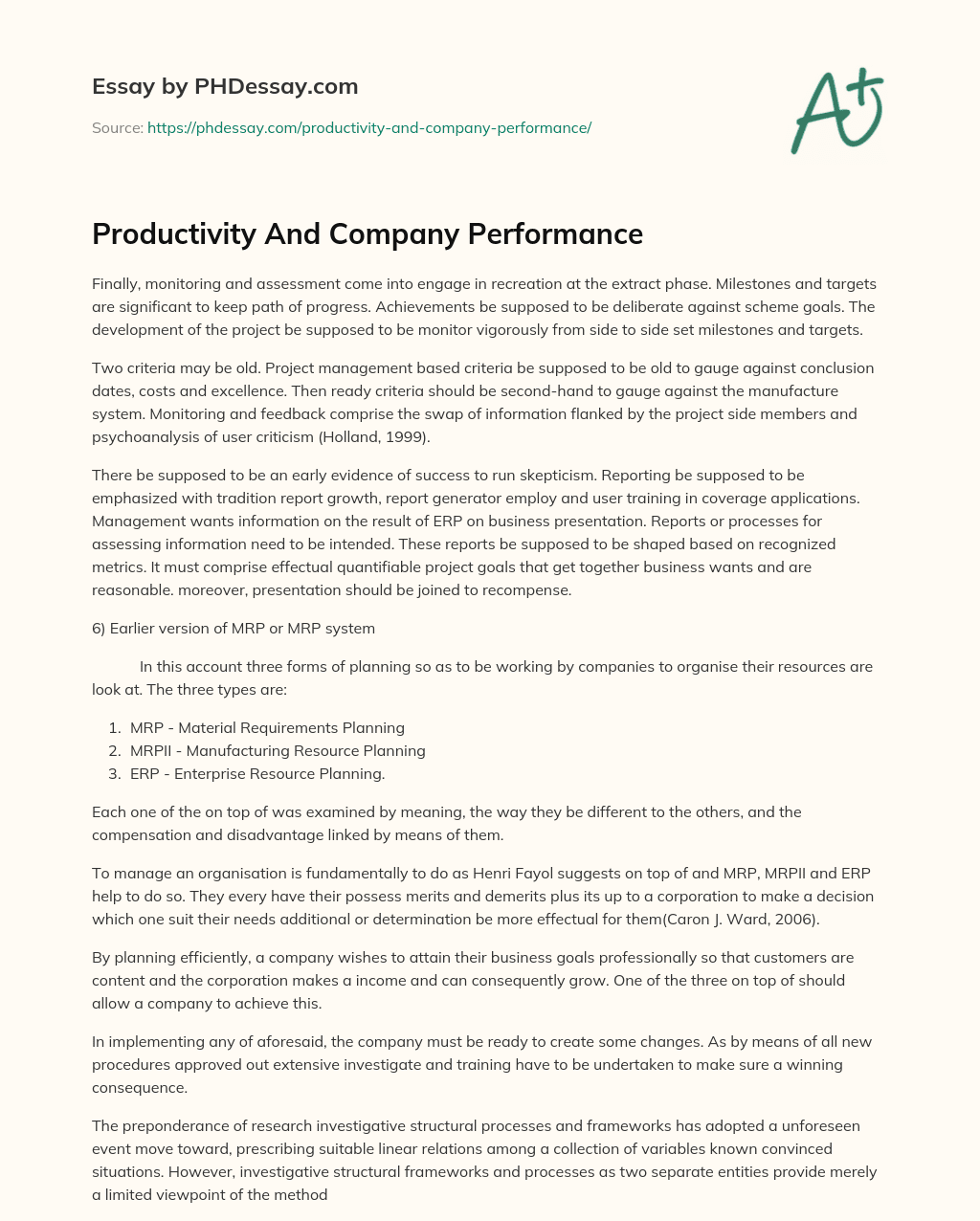 Productivity And Company Performance essay