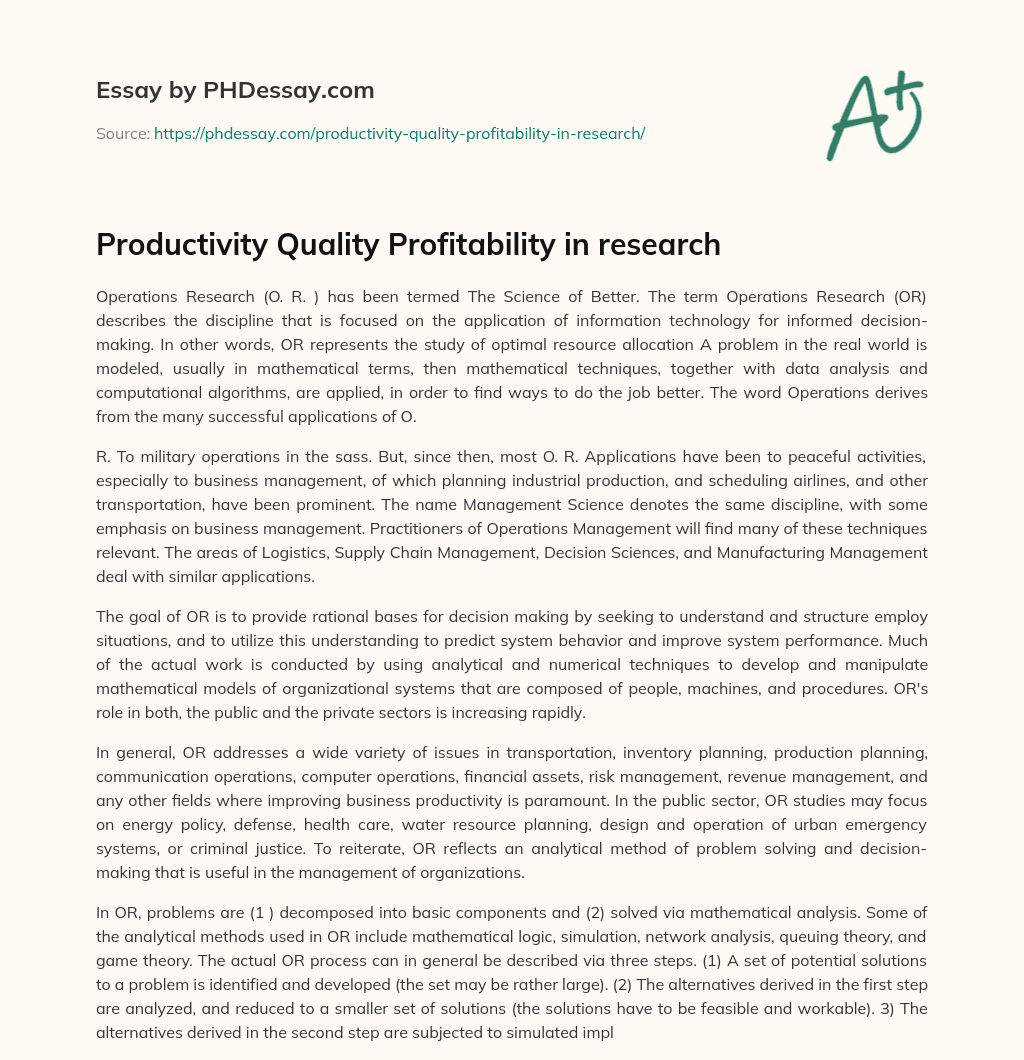 Productivity Quality Profitability in research essay