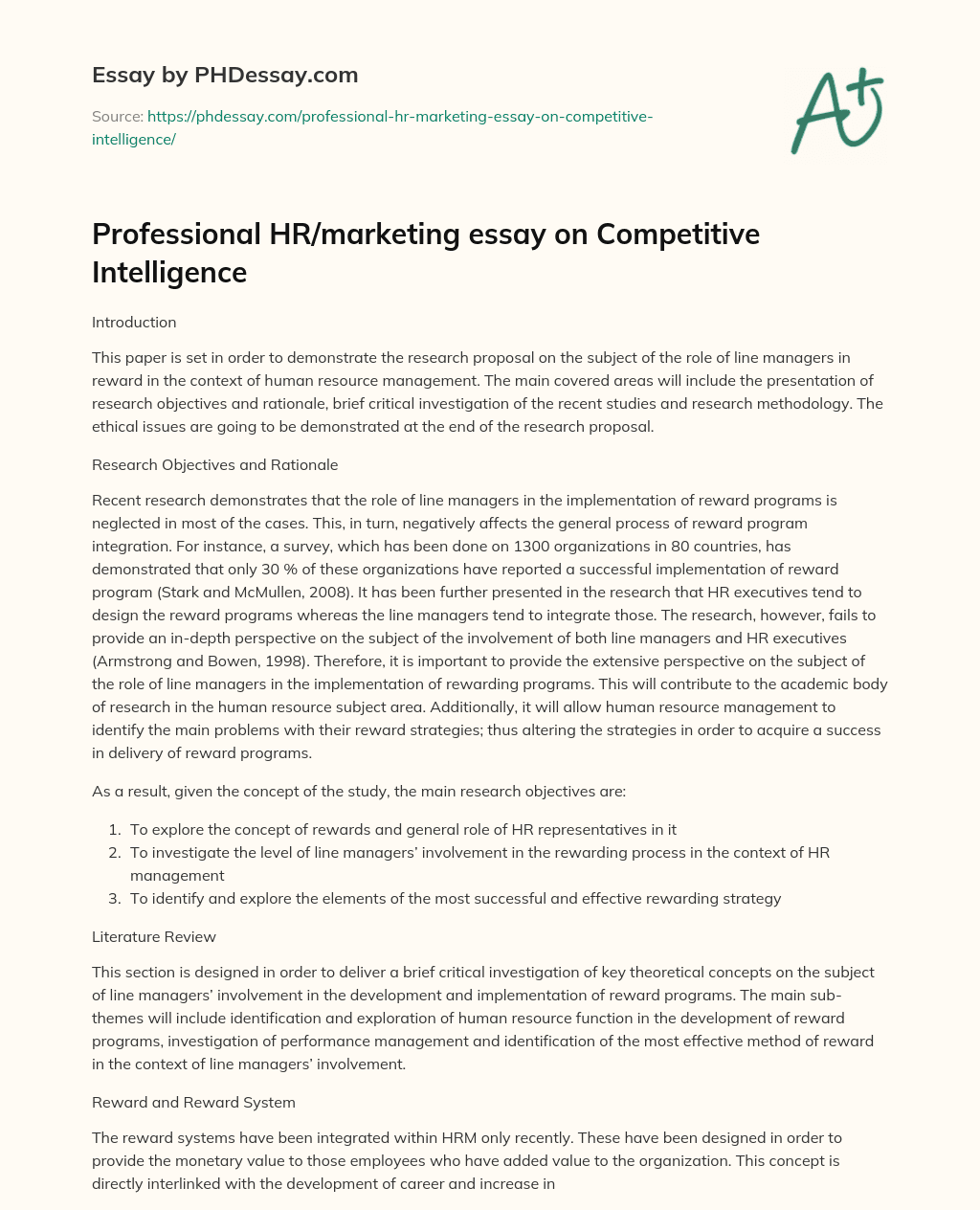 Professional HR/marketing essay on Competitive Intelligence essay