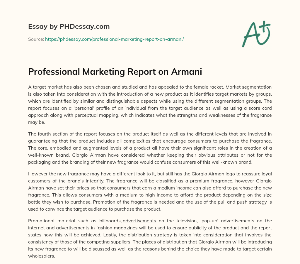 Professional Marketing Report on Armani essay