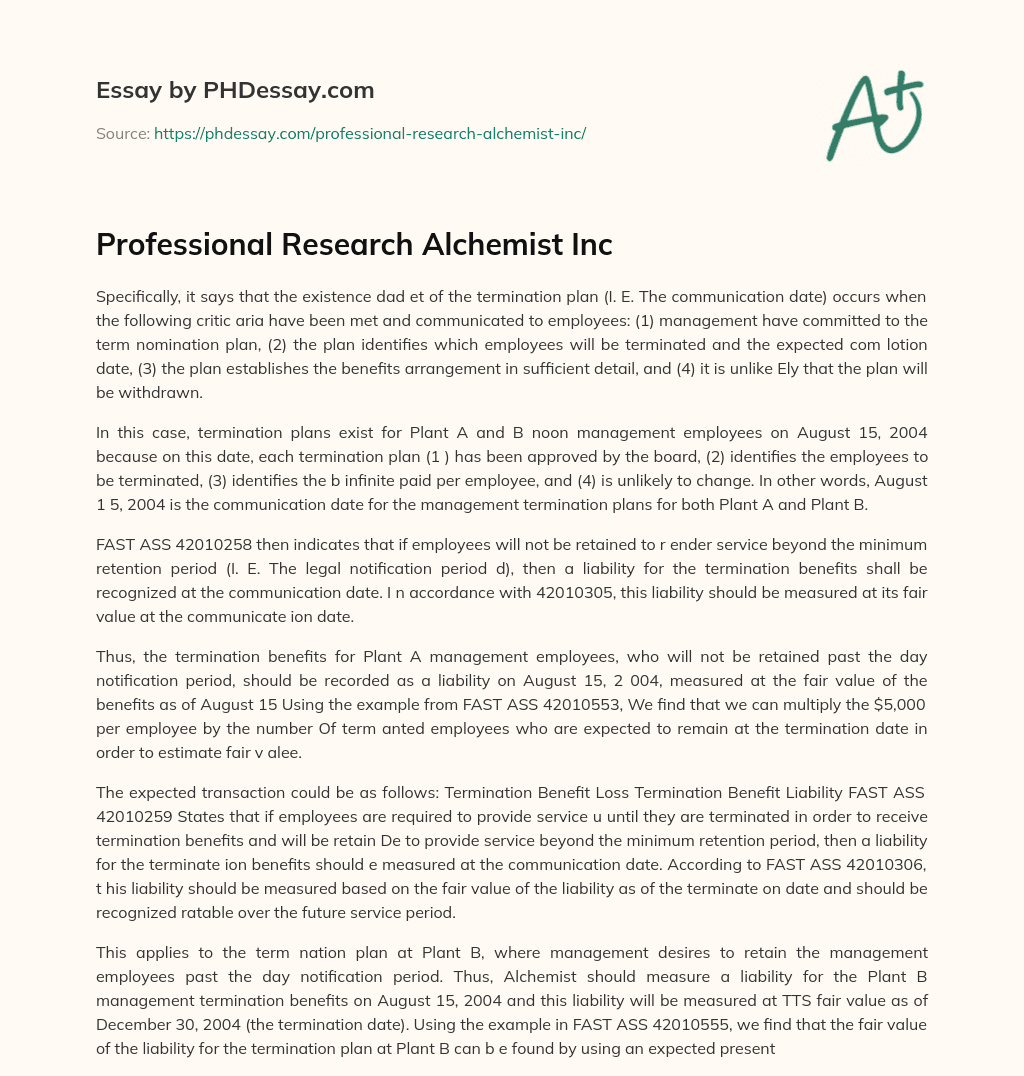 Professional Research Alchemist Inc essay