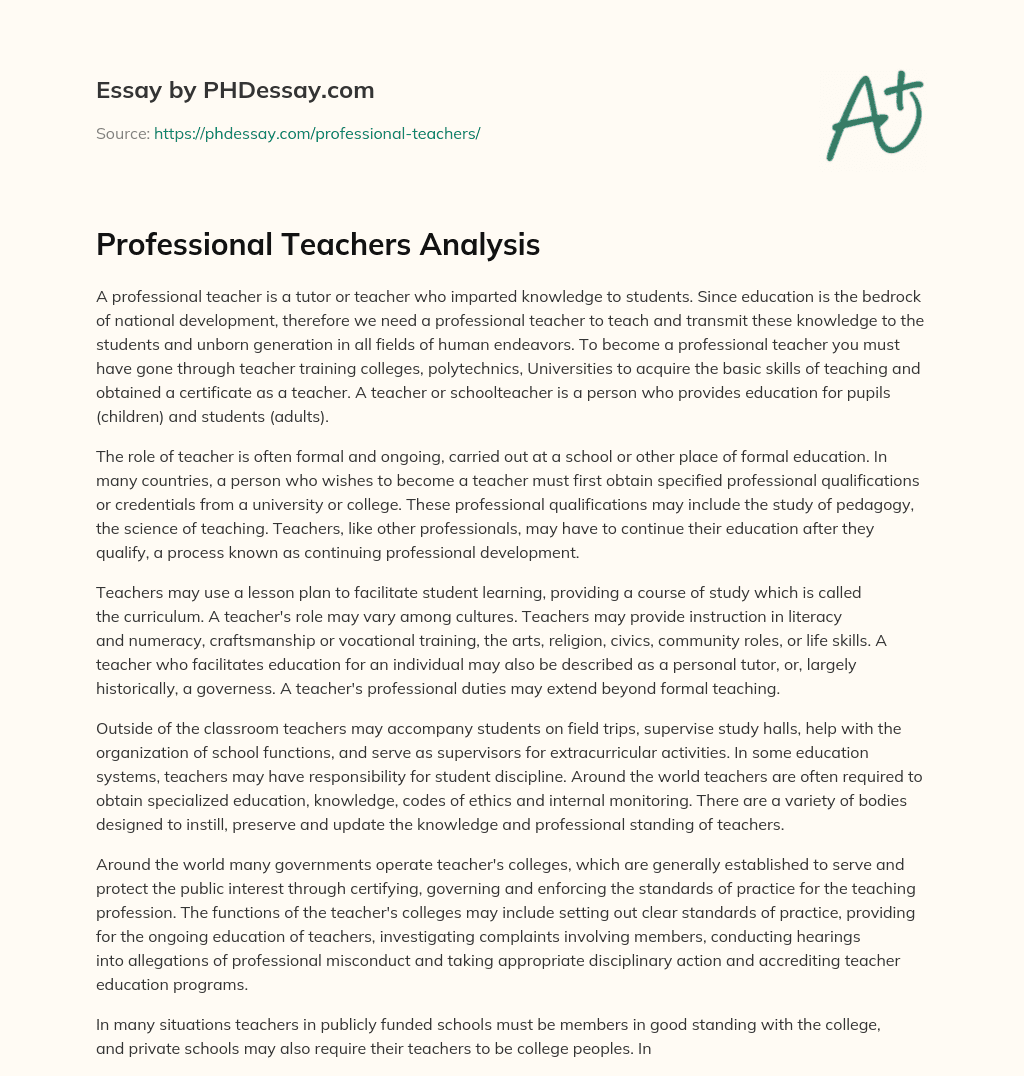 Professional Teachers Analysis essay
