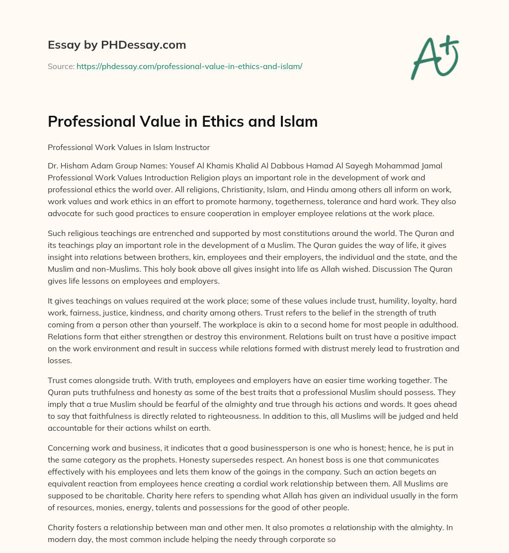 Professional Value in Ethics and Islam essay