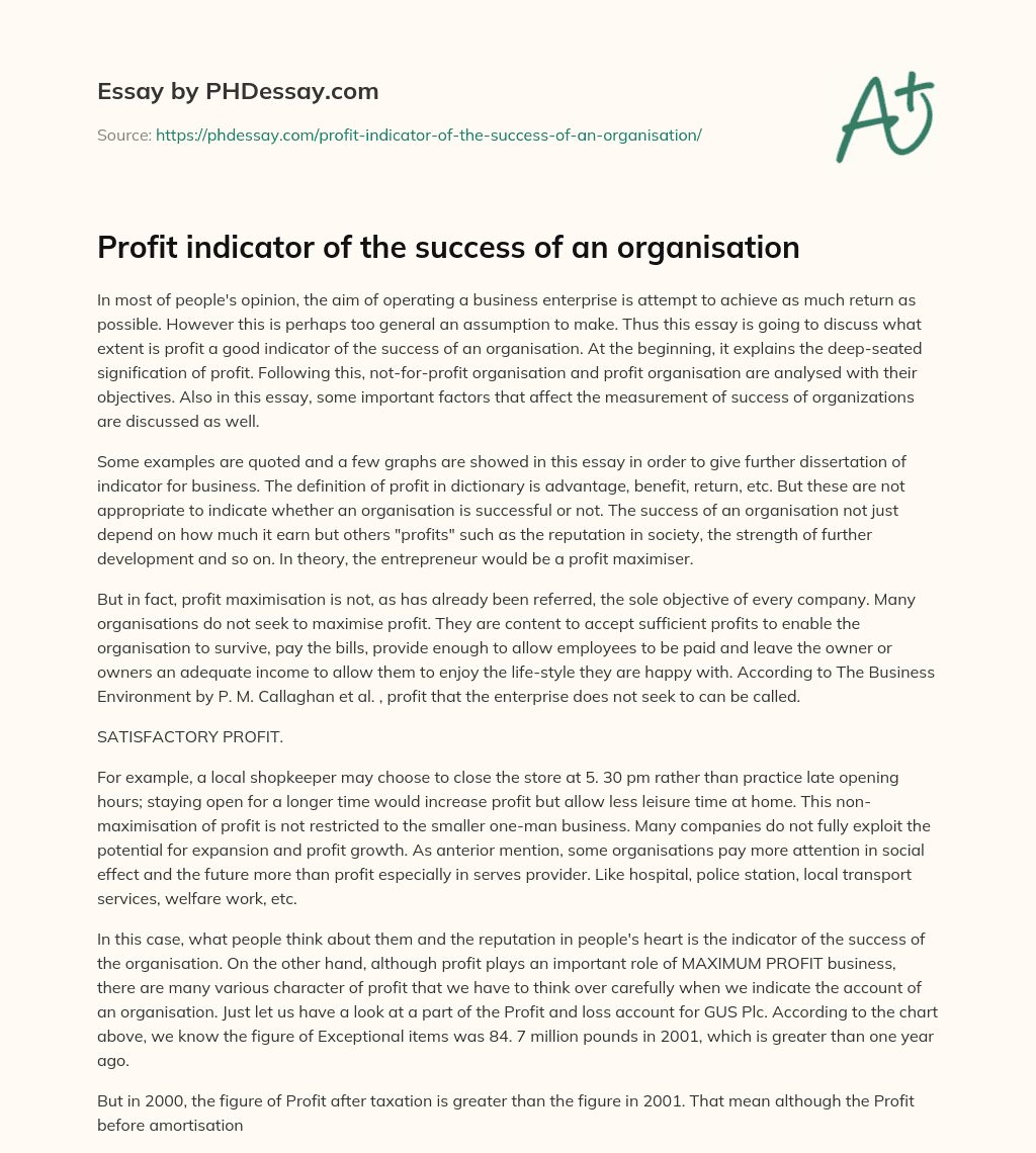Profit indicator of the success of an organisation essay