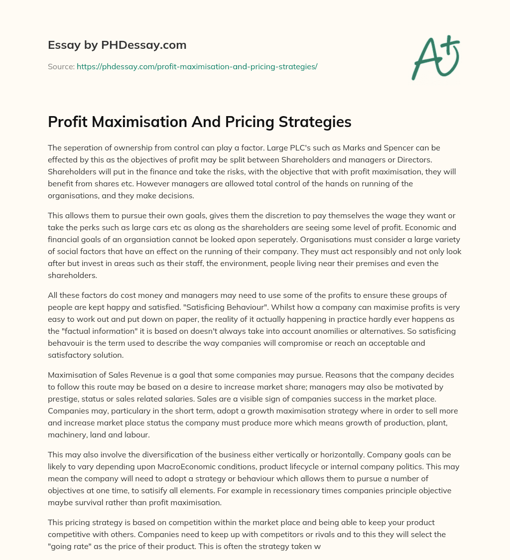Profit Maximisation And Pricing Strategies essay