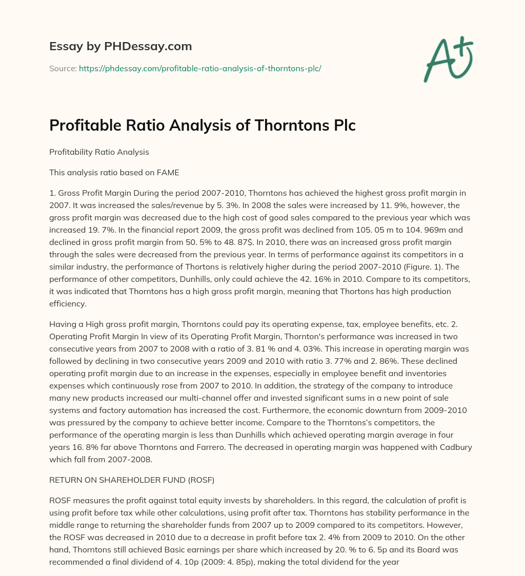 Profitable Ratio Analysis of Thorntons Plc essay