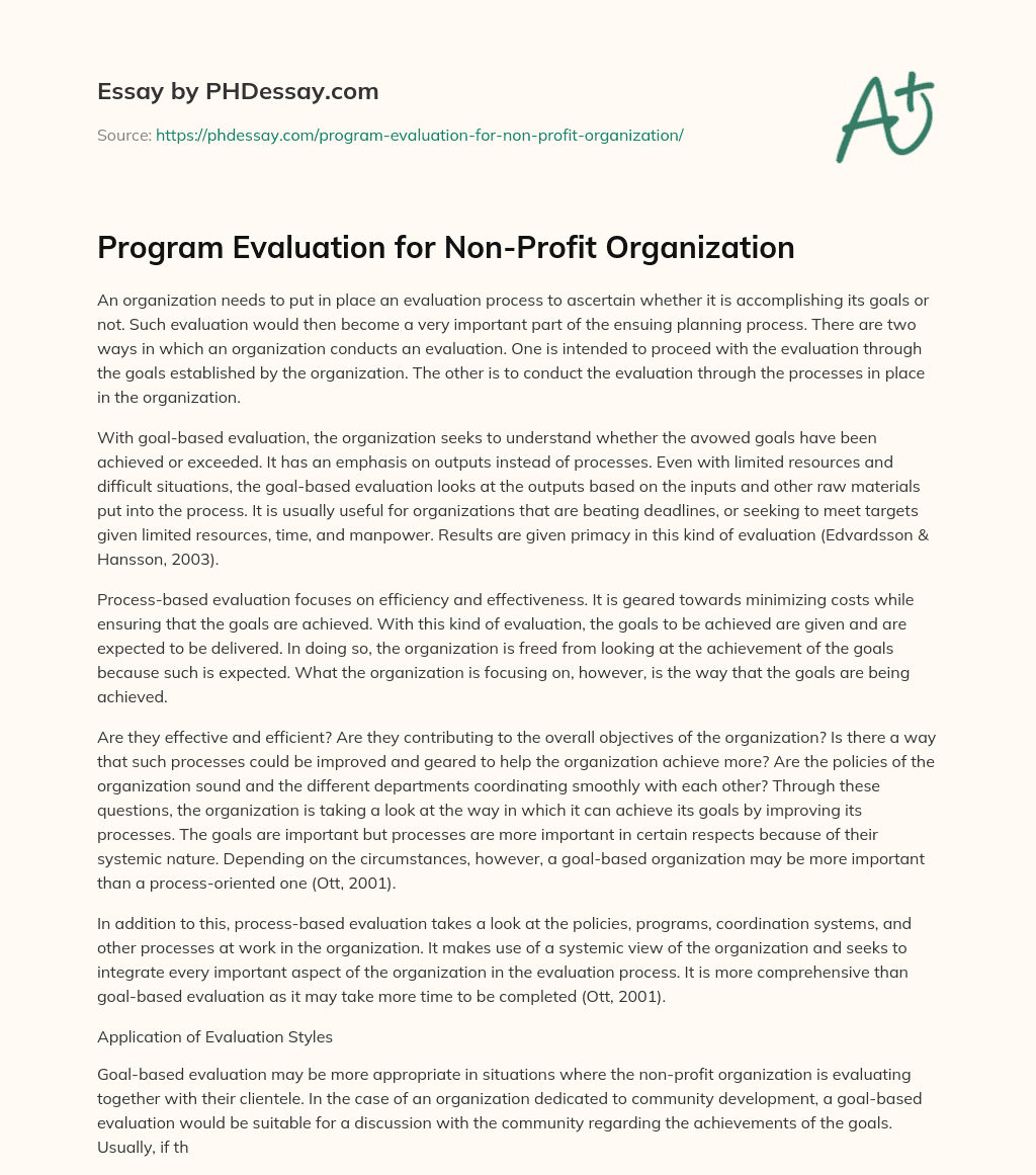 Program Evaluation for Non-Profit Organization essay