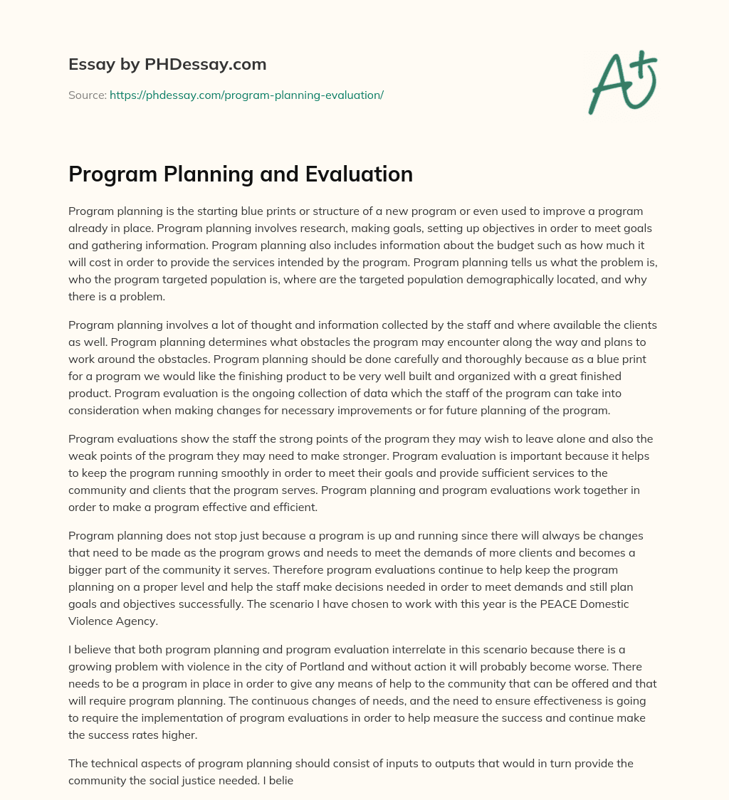Program Planning and Evaluation essay
