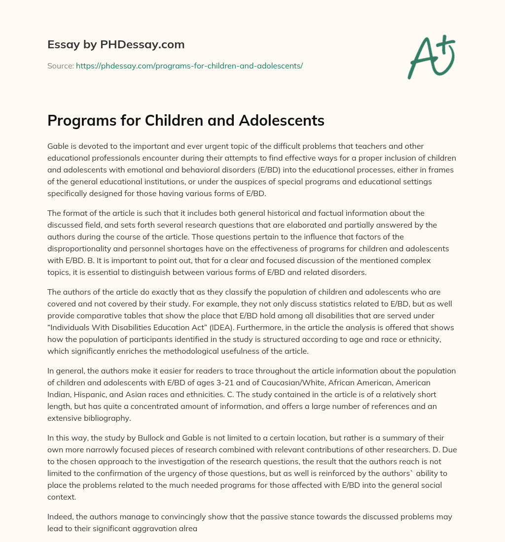 Programs for Children and Adolescents essay