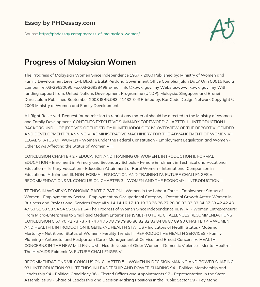 Progress of Malaysian Women essay