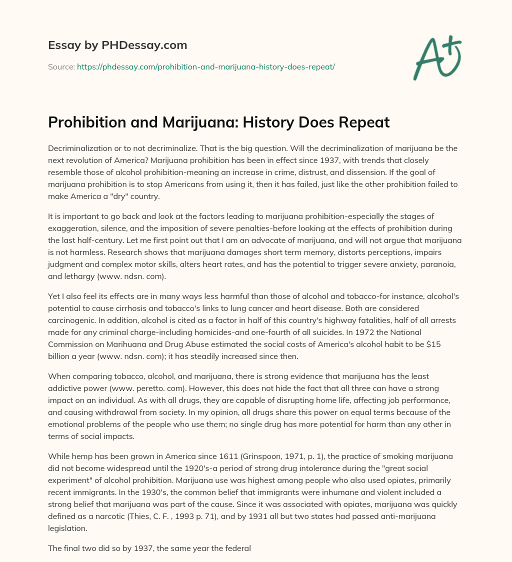 Prohibition and Marijuana: History Does Repeat essay