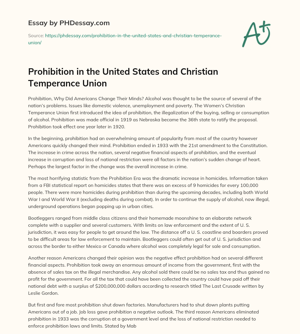 Prohibition in the United States and Christian Temperance Union essay