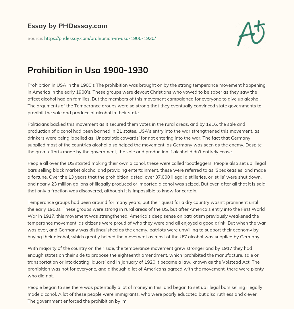 Prohibition in Usa 1900-1930 essay