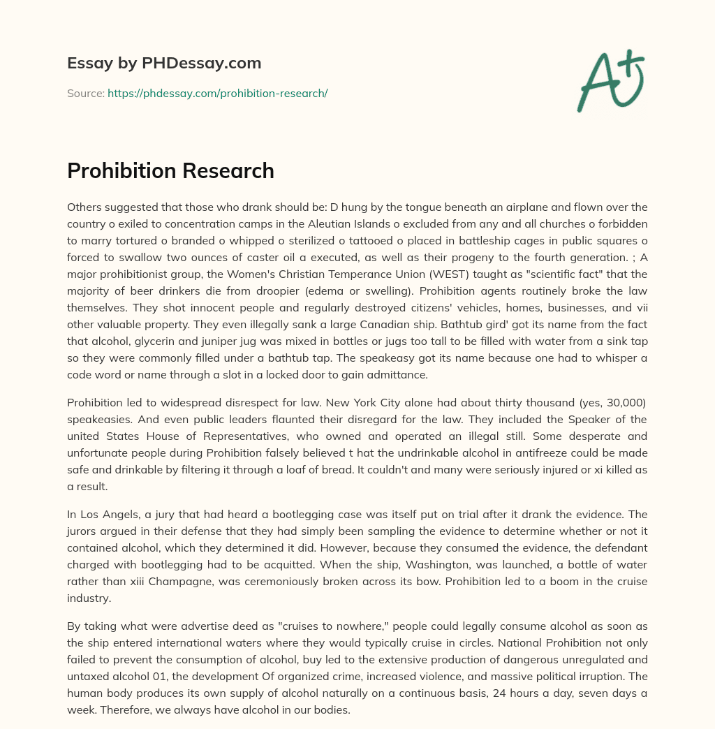 Prohibition Research essay