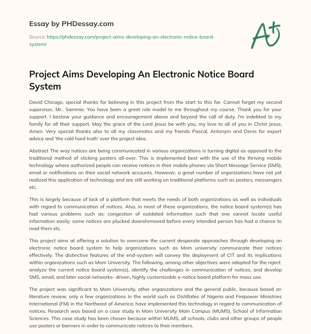 Project Aims Developing An Electronic Notice Board System essay