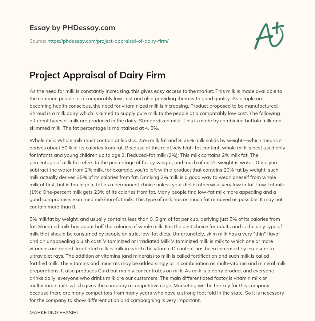 Project Appraisal of Dairy Firm essay