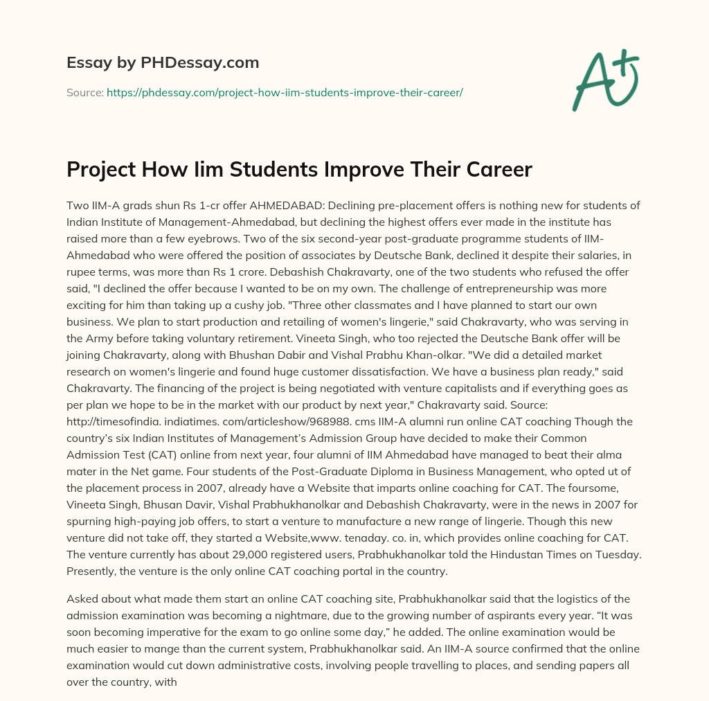 Project How Iim Students Improve Their Career essay
