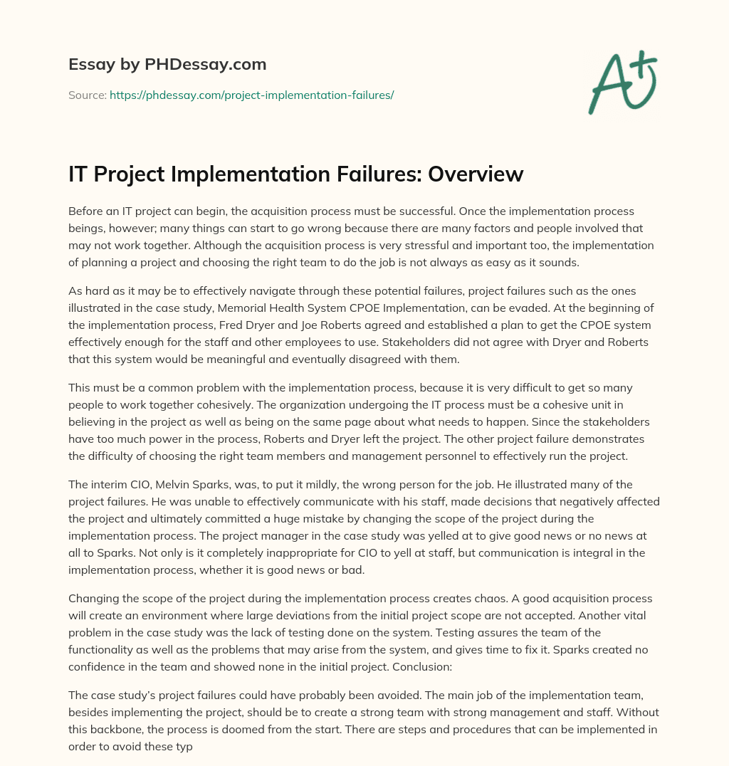 IT Project Implementation Failures: Overview essay