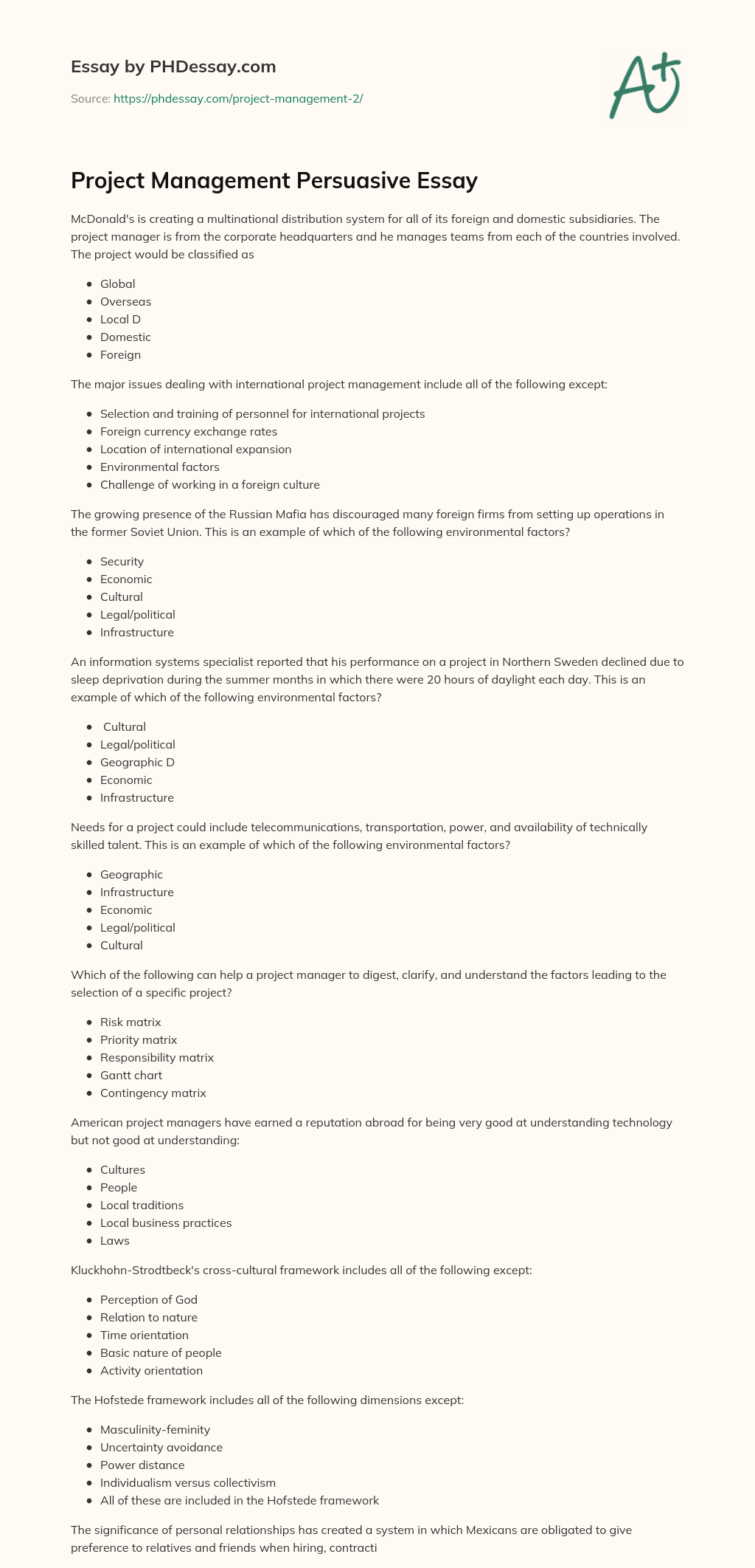 Project Management Persuasive Essay essay