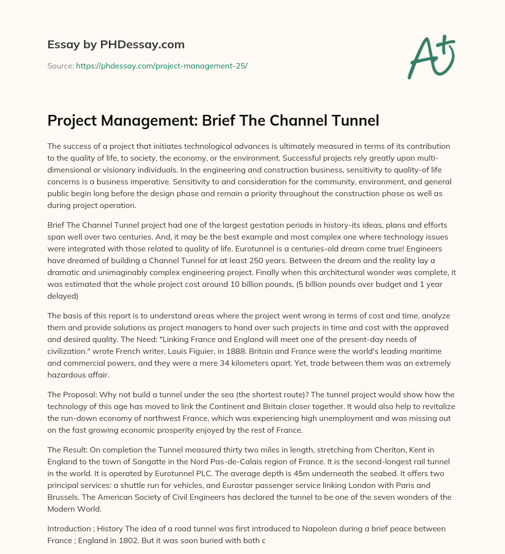 Project Management: Brief The Channel Tunnel essay