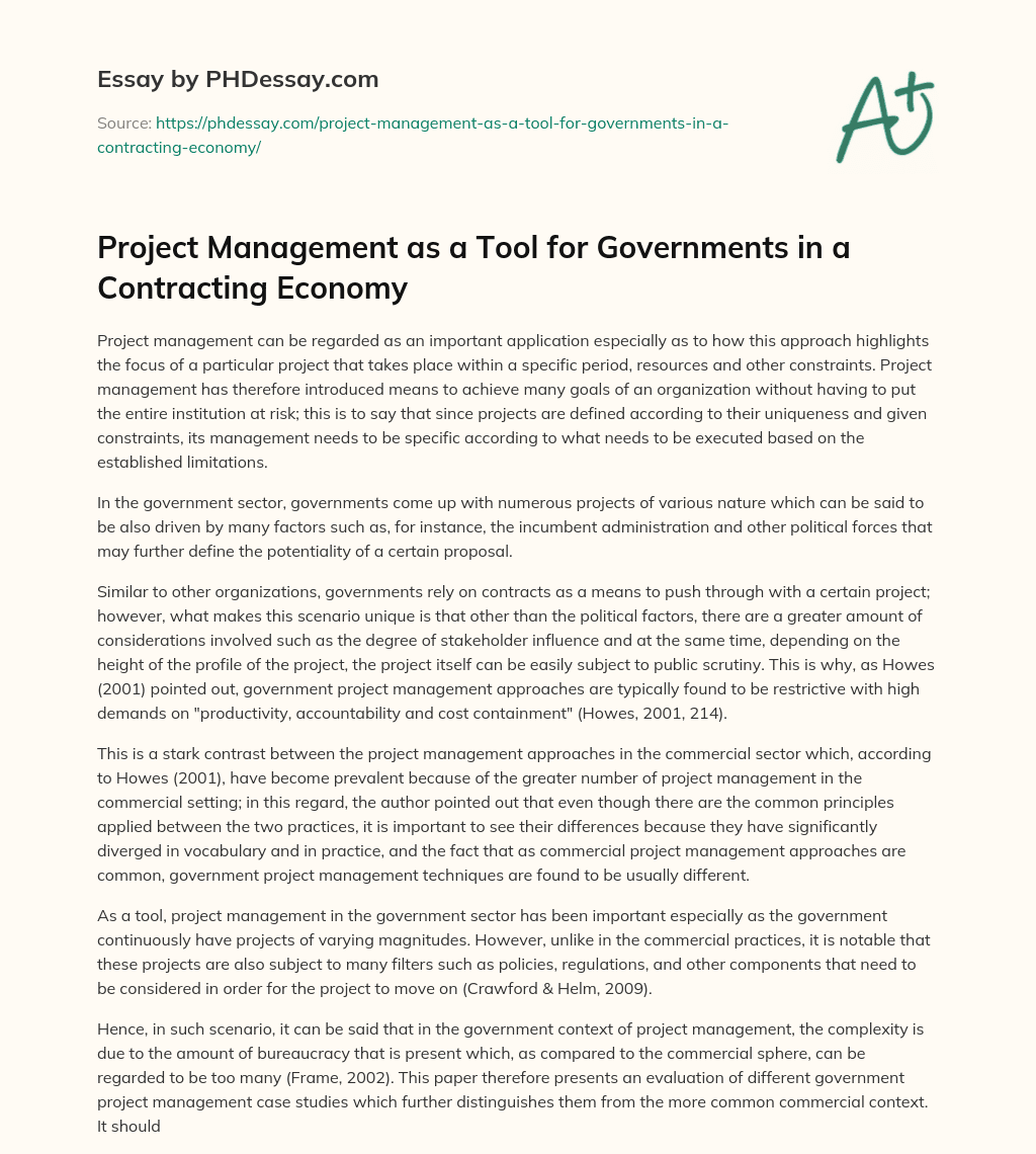 Project Management as a Tool for Governments in a Contracting Economy essay