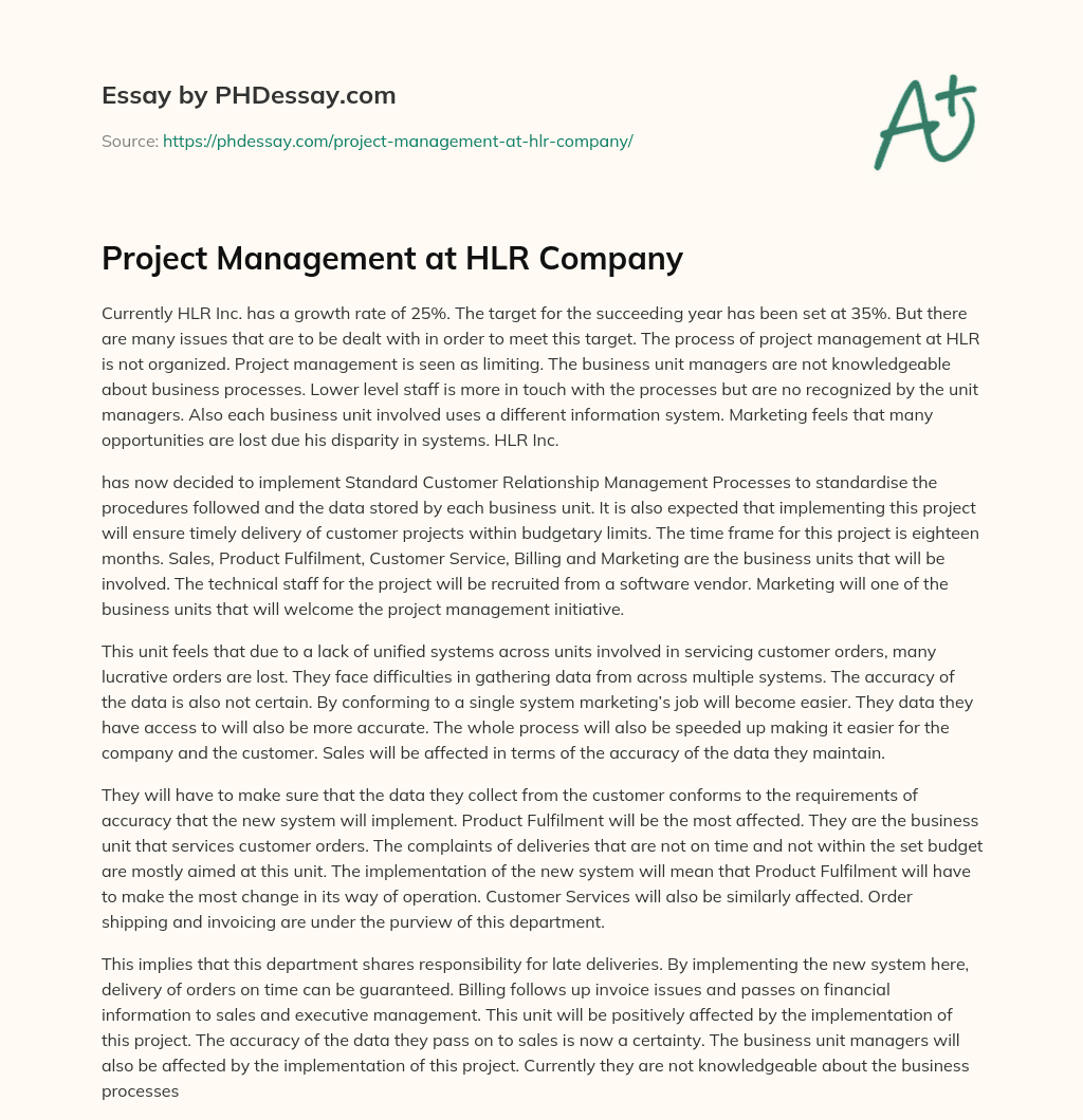 Project Management at HLR Company essay