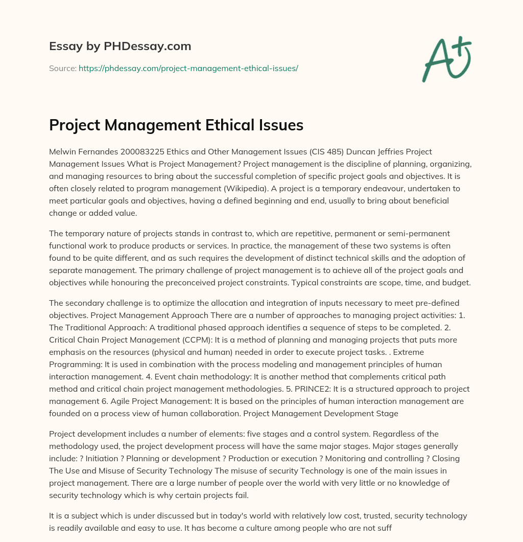 Project Management Ethical Issues essay