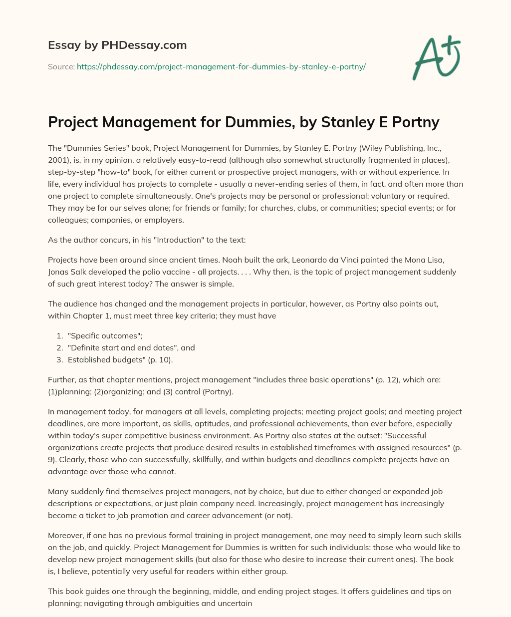 Project Management for Dummies, by Stanley E Portny essay