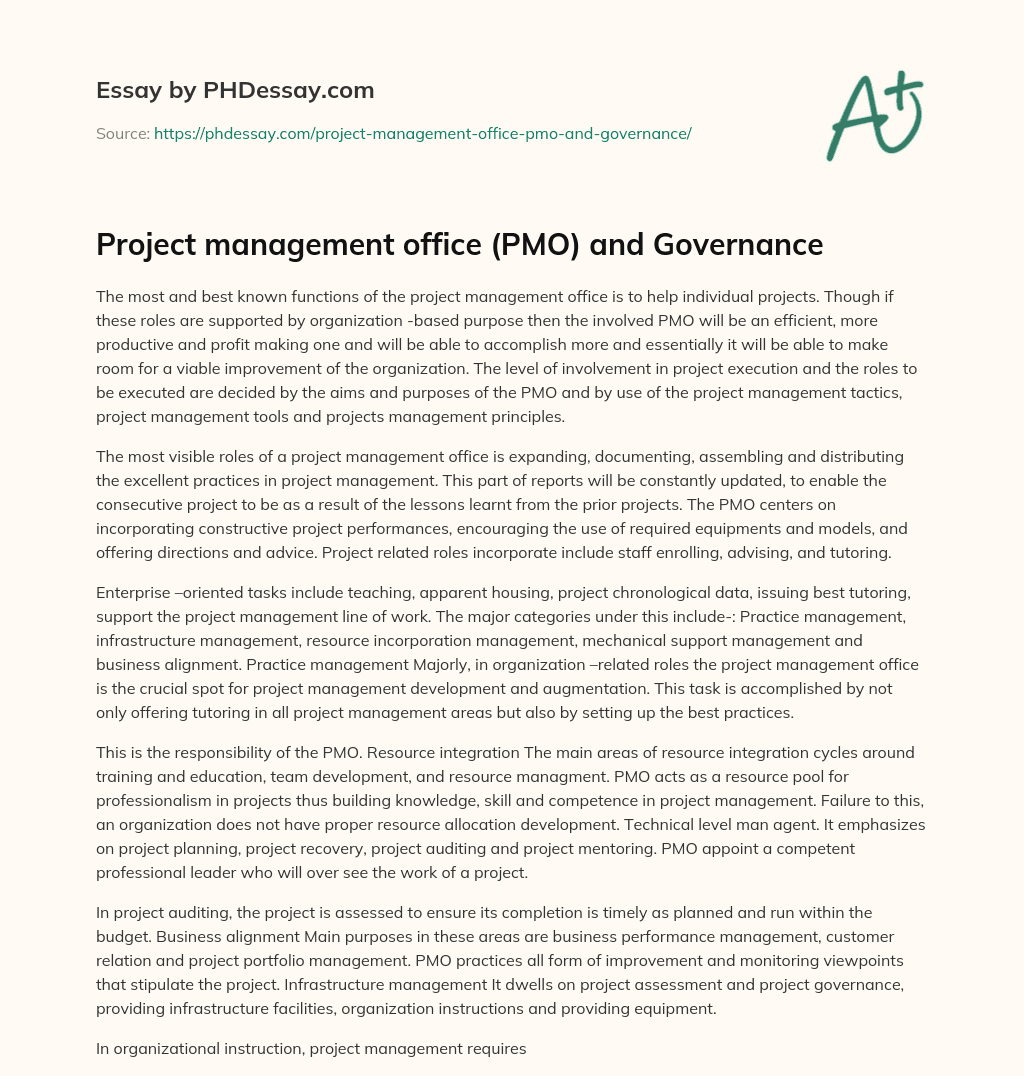 Project management office (PMO) and Governance essay